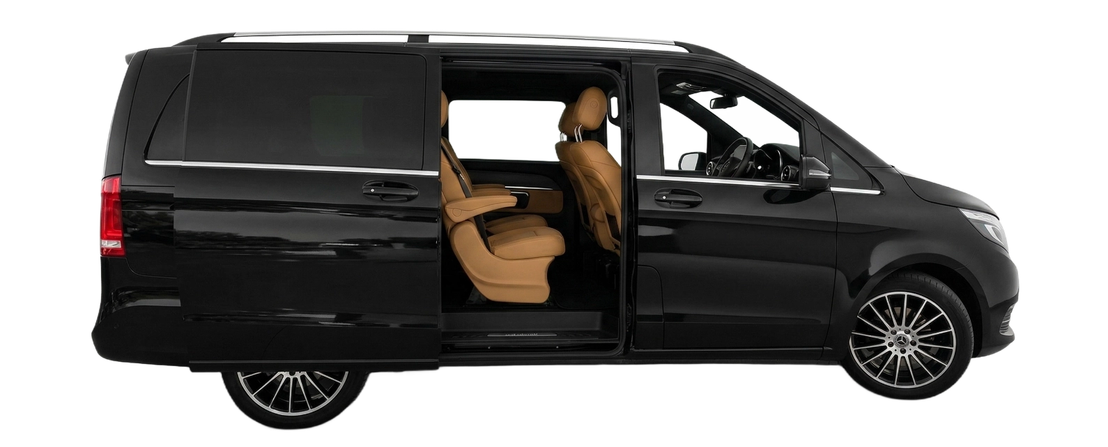 Mercedes Classe E noire portes ouvertes dévoilant un intérieur cuir beige, berline taxi pour les transferts aéroport vers Nîmes