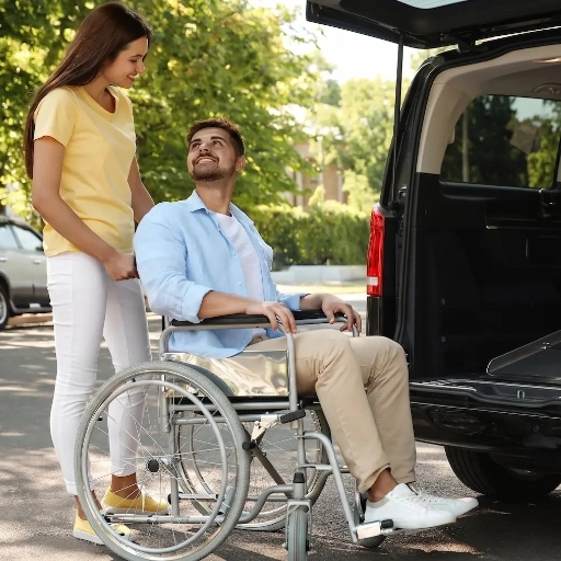 Patient en fauteuil roulant accompagné devant un taxi van, transport médical remboursé CPAM sans avance de frais en Provence
