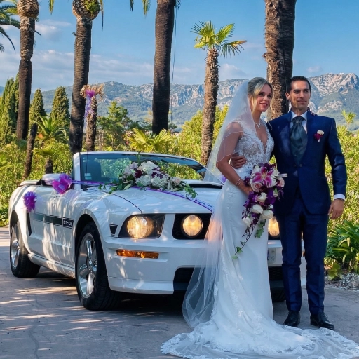 Couple de mariés posant devant la Ford Mustang cabriolet blanche décorée dans un mas en Provence avec vue sur les montagnes