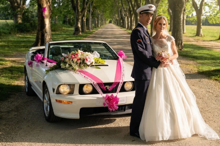 mariage taxi mustang maries allee provence Couple de mariés posant devant la Ford Mustang cabriolet décorée dans une allée de platanes typique des Bouches-du-Rhône
