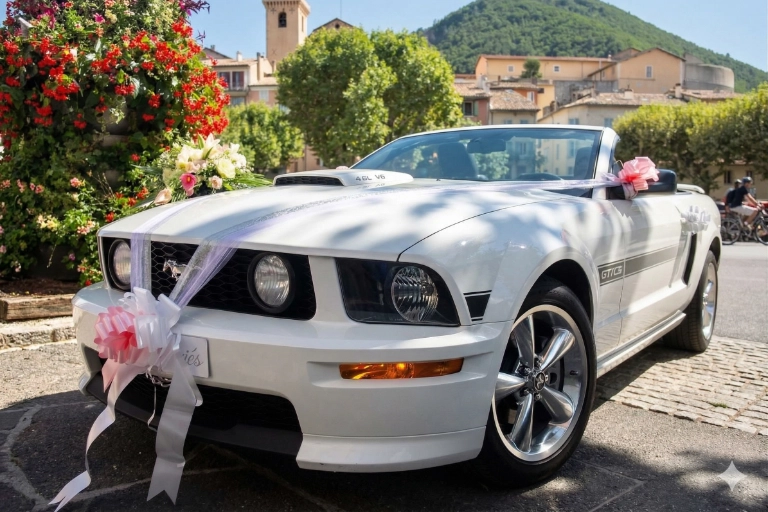 mariage taxi mustang village provence Ford Mustang GT cabriolet blanche décorée de tulle et rubans roses dans un village provençal pour un mariage dans les Alpilles