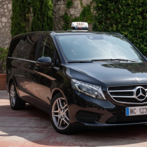 taxi mercedes classe e lumineux nice Mercedes Classe E noire avec lumineux taxi garée en Provence, berline au tarif réglementé pour les transferts vers Nice