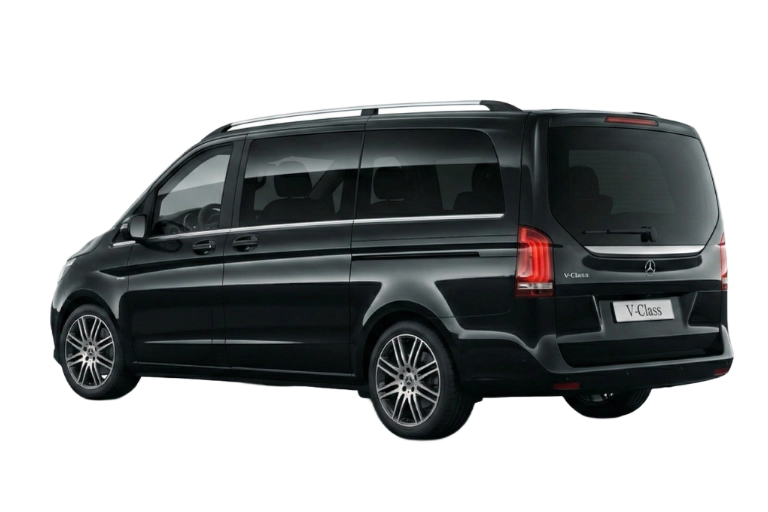 Mercedes Classe V taxi van noir vue arrière, grand coffre accessible pour les transferts groupes et familles en Provence