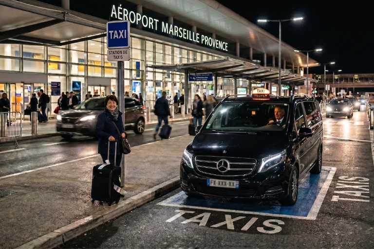 Mercedes Classe V taxi stationnée de nuit à la station taxis de l'aéroport Marseille Provence, tarif nocturne réglementé