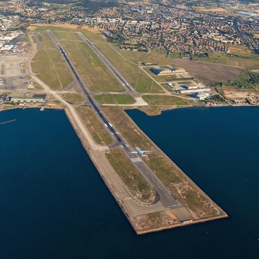 Vue aérienne de l'aéroport Marseille Provence et de ses pistes bordées par l'étang de Berre, transfert taxi depuis Marignane