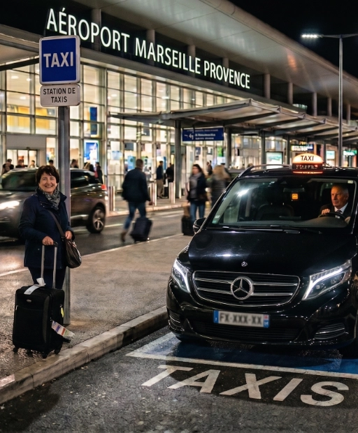 Mercedes taxi stationnée de nuit à la station taxis de l'aéroport Marseille Provence, voyageuse prête pour un transfert