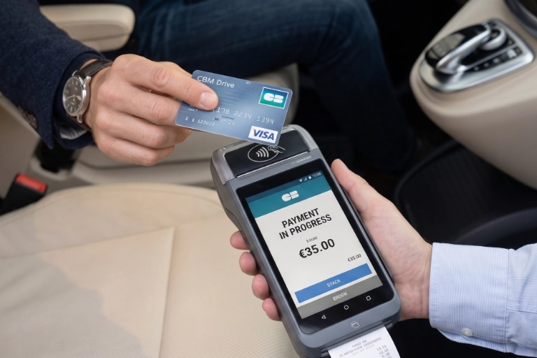 Passager réglant sa course par carte Visa sans contact sur le terminal embarqué d'un taxi, paiement CB sécurisé en Provence