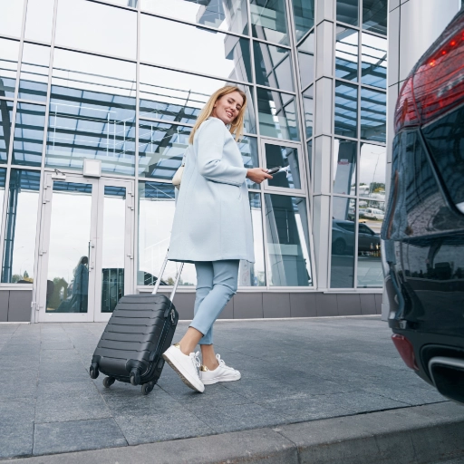 Voyageuse rejoignant son taxi avec sa valise devant le Terminal 1 de l'aéroport Marseille Provence à Marignane